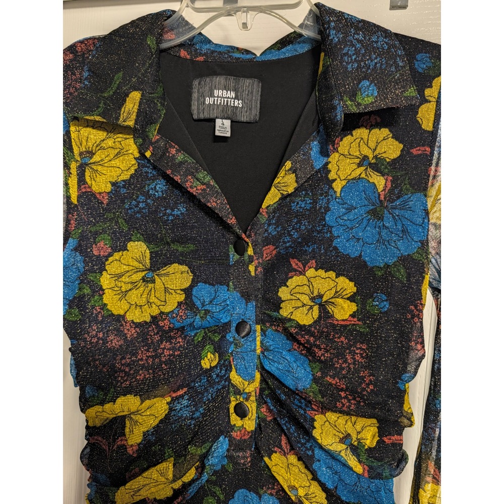 Urban Outfitters Glitter Mesh Ruched Floral Mini Dress Blue Yellow Large - Picture 4 of 6